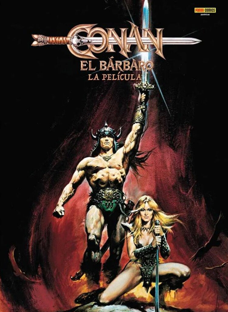 German CONAN THE BARBARIAN poster with Arnold in a classic Frank Frazetta pose. Art by Renato Casaro